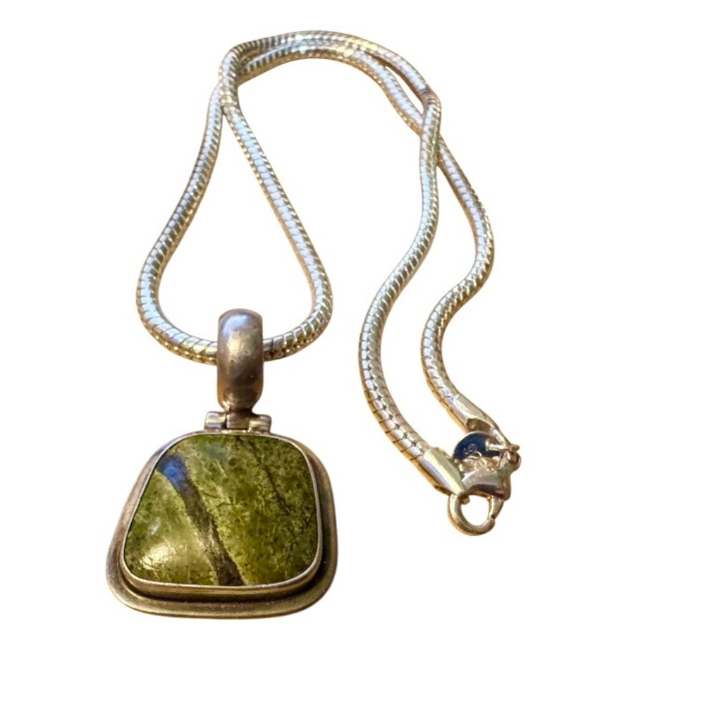 Green Jasper & Sterling Silver Pendant on Sterling Necklace